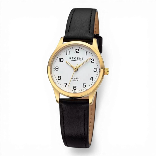 Bendixen-Braun gold-tone stainless steel case quartz watch with white dial and black leather band.