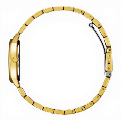 Bendixen-Braun women's gold-tone stainless steel quartz watch with black dial and date function.