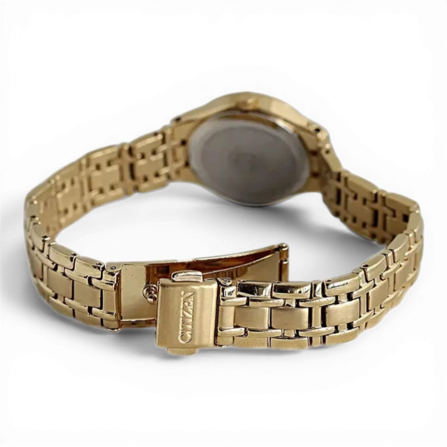 Rückansicht der Citizen Damen-Solaruhr in Gold mit sicherem Verschluss. Hochwertiges Gliederarmband für angenehmen Tragekomfort und stilvolle Optik.