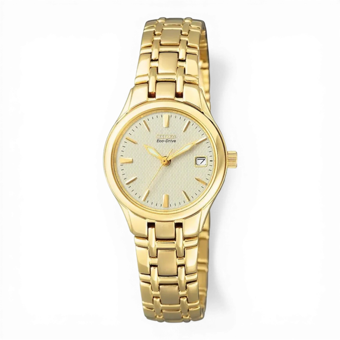 Citizen Damen-Solaruhr in Gold mit beigem Zifferblatt und Datumsanzeige. Elegantes Design mit Eco-Drive-Technologie für nachhaltige Energie.