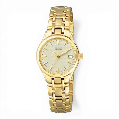 Citizen Damen-Solaruhr in Gold mit beigem Zifferblatt und Datumsanzeige. Elegantes Design mit Eco-Drive-Technologie für nachhaltige Energie.