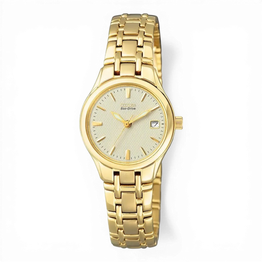 Citizen Damen-Solaruhr in Gold mit beigem Zifferblatt und Datumsanzeige. Elegantes Design mit Eco-Drive-Technologie für nachhaltige Energie.