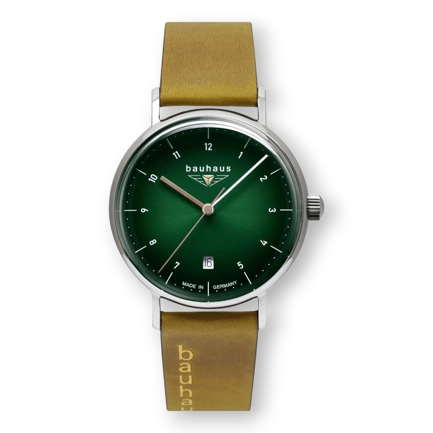 Bendixen-Braun Bauhaus style quartz watch with green dial, date display, and stainless steel case on a tan leather strap.