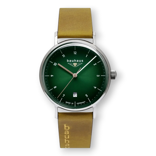 Bendixen-Braun Bauhaus style quartz watch with green dial, date display, and stainless steel case on a tan leather strap.