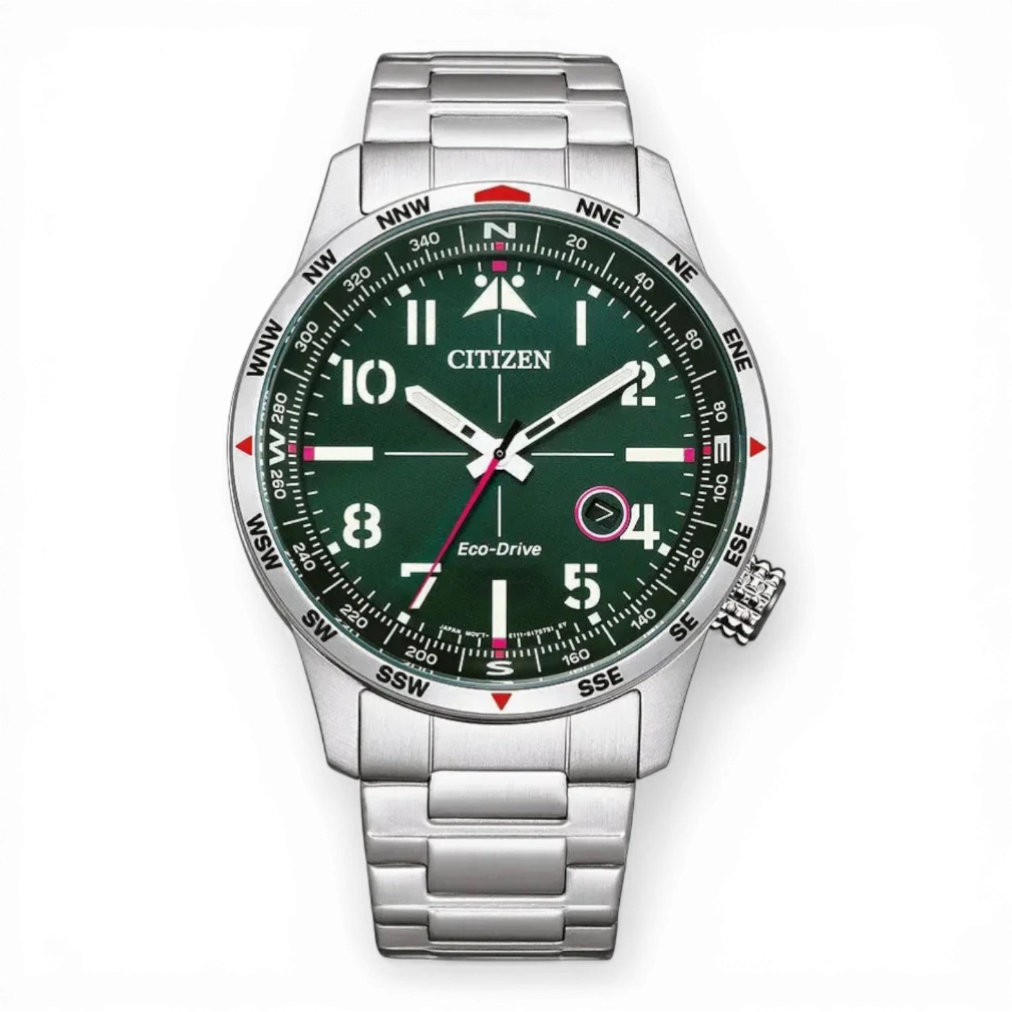 Bendixen-Braun men's solar-powered watch with stainless steel band, green dial, luminous hands, and date window.