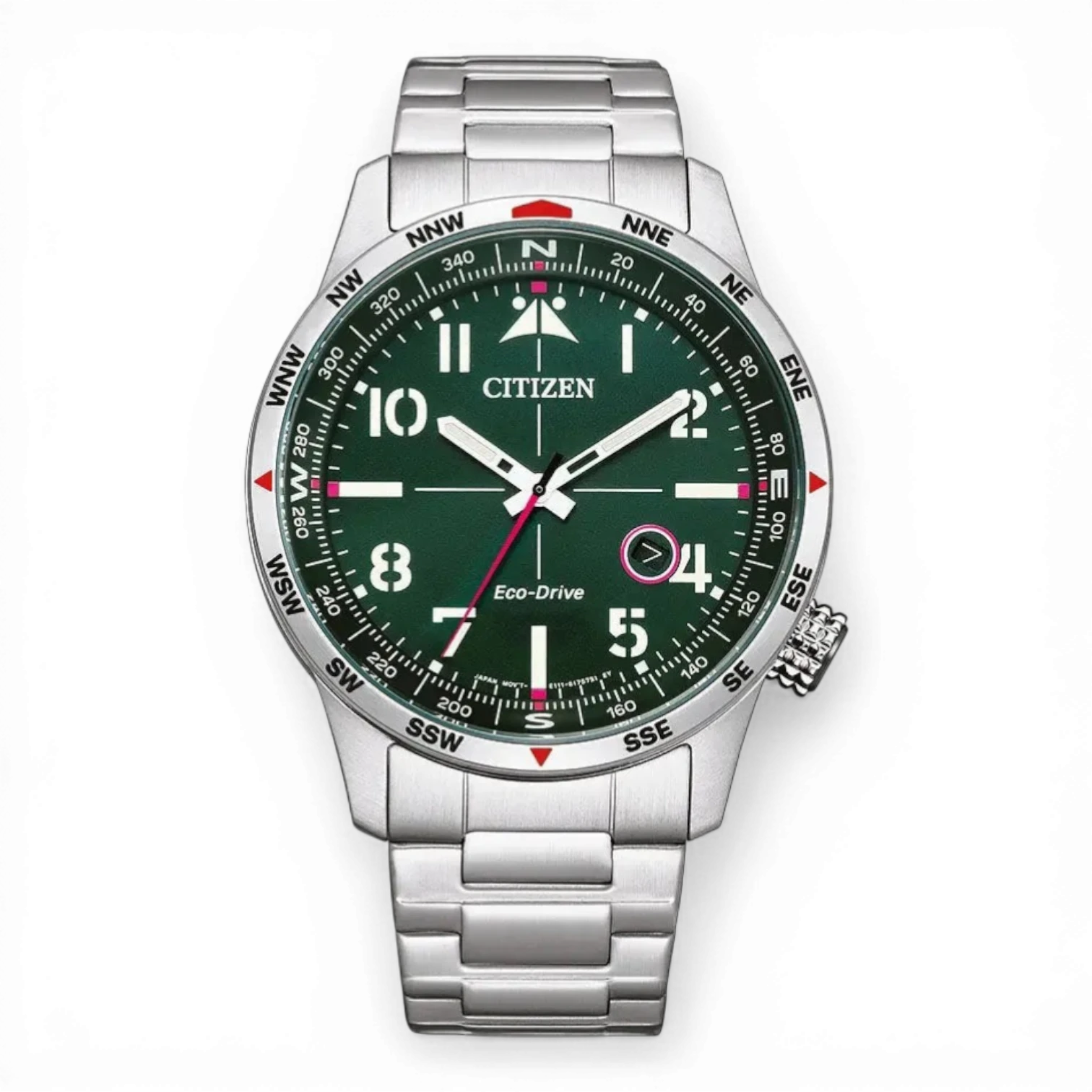 Bendixen-Braun men's solar-powered watch with stainless steel band, green dial, luminous hands, and date window.