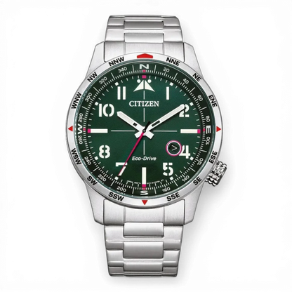 Bendixen-Braun men's solar-powered watch with stainless steel band, green dial, luminous hands, and date window.