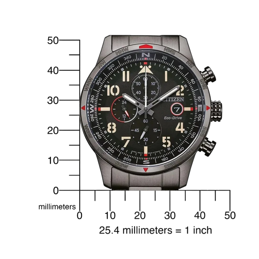 Citizen Herren-Solarchronograph Grau Ionen-plattiert mit Maßangaben zur Gehäusegröße. Perfekte Kombination aus Funktionalität und Design.
