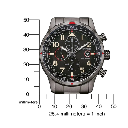 Citizen Herren-Solarchronograph Grau Ionen-plattiert mit Maßangaben zur Gehäusegröße. Perfekte Kombination aus Funktionalität und Design.