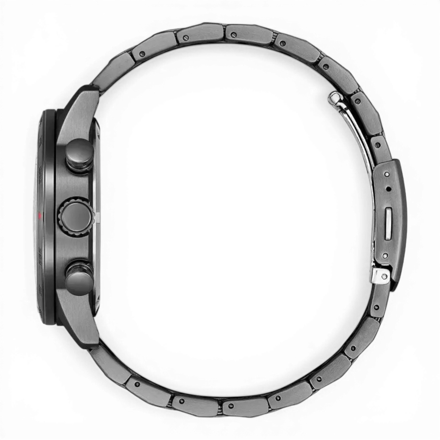 Seitliche Ansicht des Citizen Herren-Solarchronographen Grau Ionen-plattiert mit robustem Edelstahlgehäuse und funktionalen Drückern.