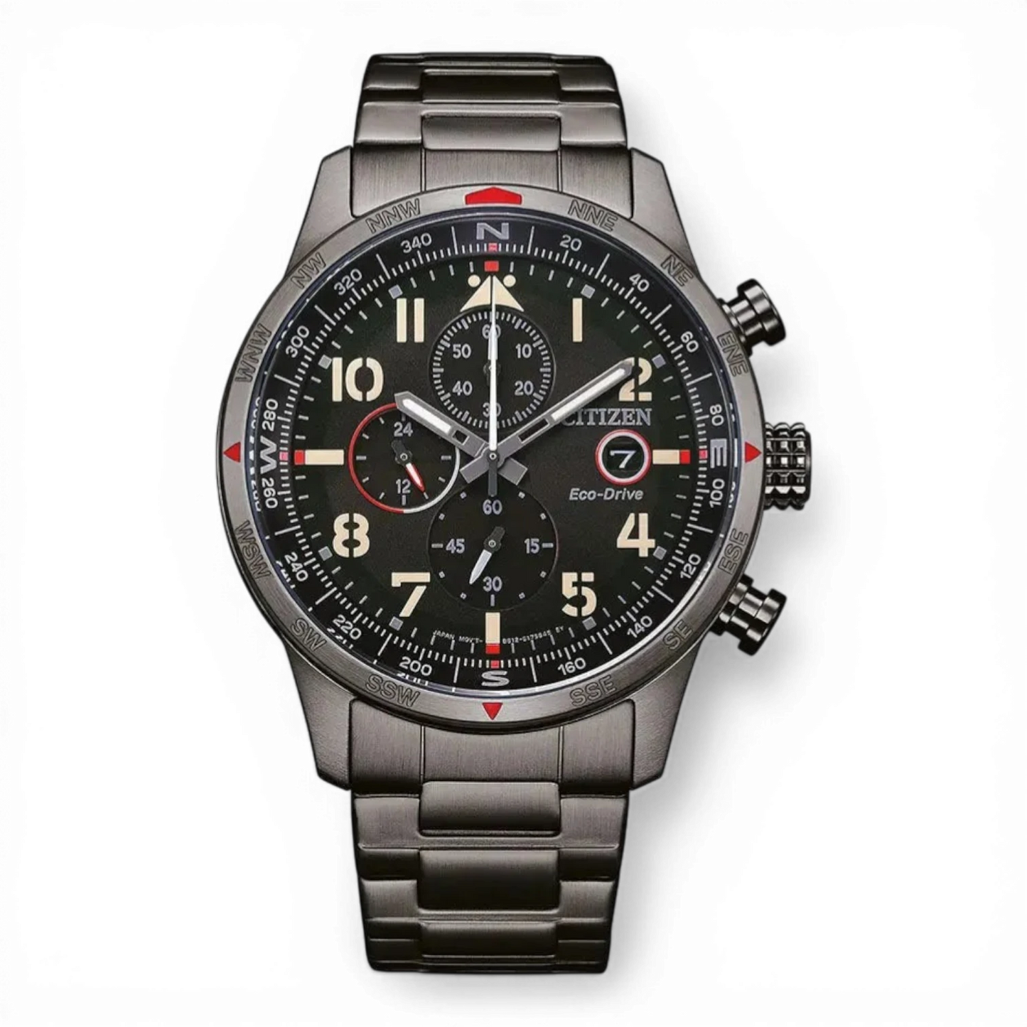 Citizen Herren-Solarchronograph Grau Ionen-plattiert mit schwarzem Zifferblatt und Edelstahlarmband. Präzise Eco-Drive-Technologie für stilbewusste Männer.