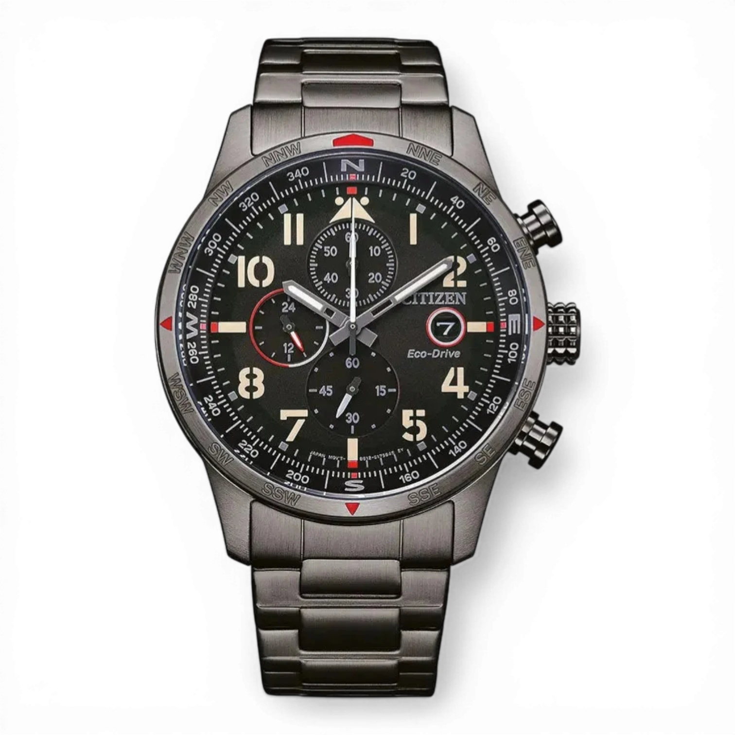 Citizen Herren-Solarchronograph Grau Ionen-plattiert mit schwarzem Zifferblatt und Edelstahlarmband. Präzise Eco-Drive-Technologie für stilbewusste Männer.