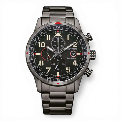 Citizen Herren-Solarchronograph Grau Ionen-plattiert mit schwarzem Zifferblatt und Edelstahlarmband. Präzise Eco-Drive-Technologie für stilbewusste Männer.