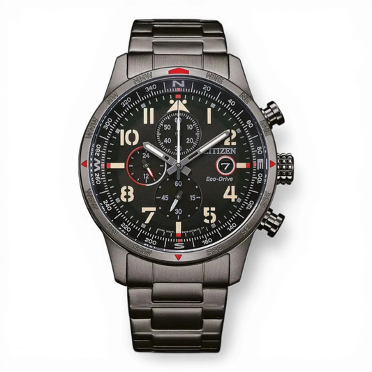 Citizen Herren-Solarchronograph Grau Ionen-plattiert mit schwarzem Zifferblatt und Edelstahlarmband. Präzise Eco-Drive-Technologie für stilbewusste Männer.