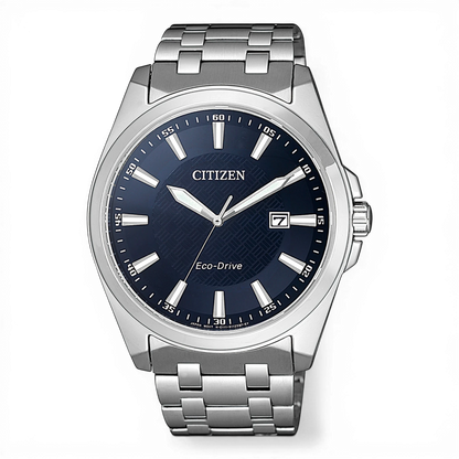 Bendixen-Braun men's stainless steel Eco-Drive watch with blue dial, date window, and luminous hands.