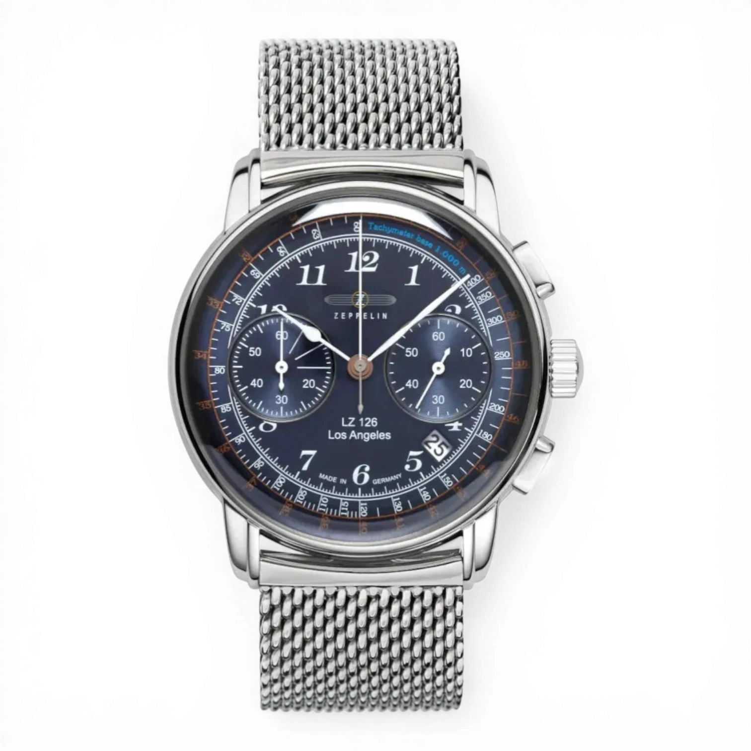 Bendixen-Braun men's chronograph watch with stainless steel mesh band, blue dial, tachymeter, and luminous hands.