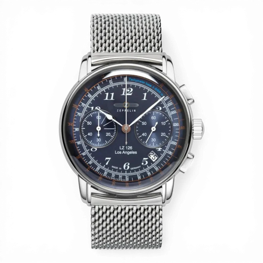 Bendixen-Braun men's chronograph watch with stainless steel mesh band, blue dial, tachymeter, and luminous hands.