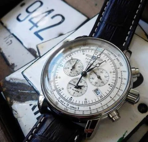 Bendixen-Braun men's silver dial chronograph watch with black leather strap, alarm, and date.