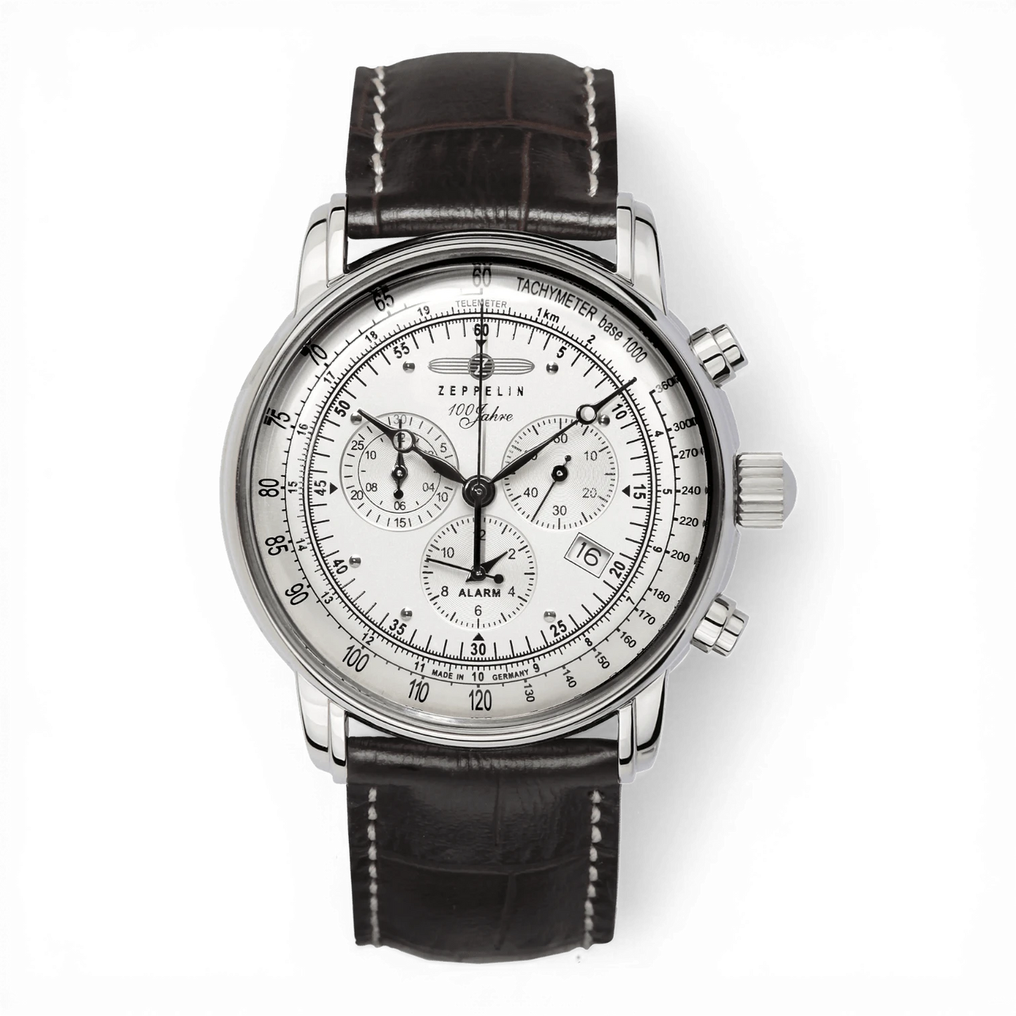 Bendixen-Braun men's chronograph watch with silver dial, alarm, date, and brown leather strap.