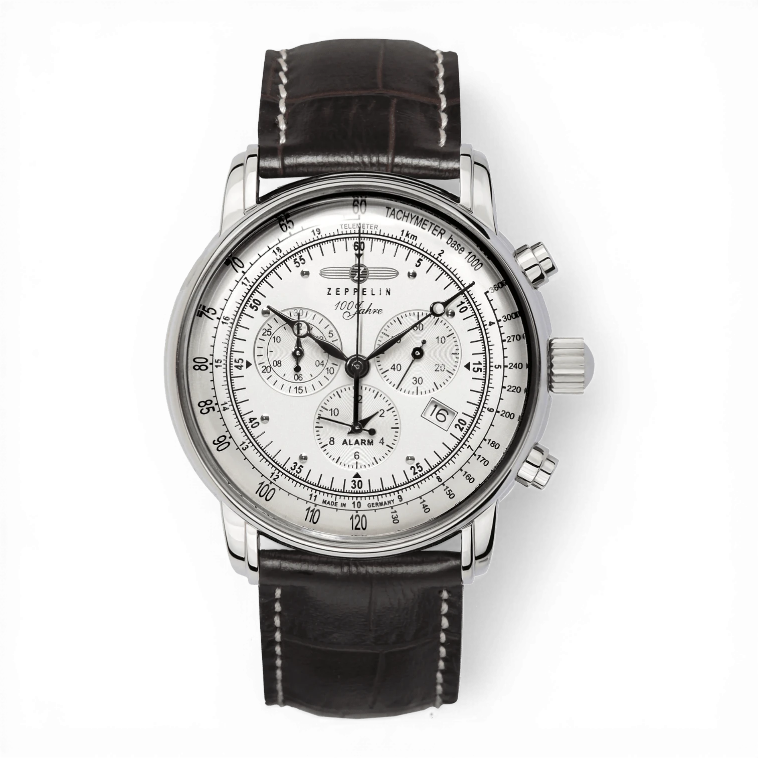 Bendixen-Braun men's chronograph watch with silver dial, alarm, date, and brown leather strap.