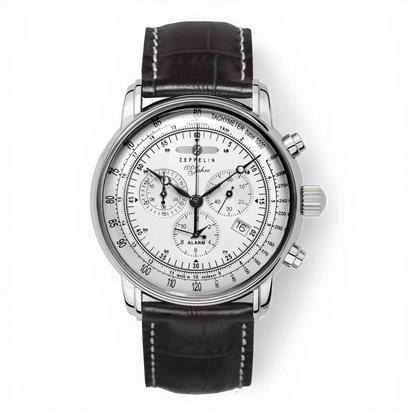 Bendixen-Braun men's chronograph watch with silver dial, alarm, date, and brown leather strap.