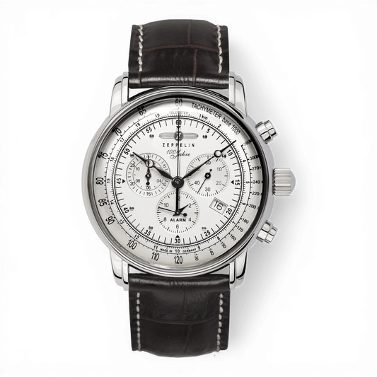 Bendixen-Braun men's chronograph watch with silver dial, alarm, date, and brown leather strap.