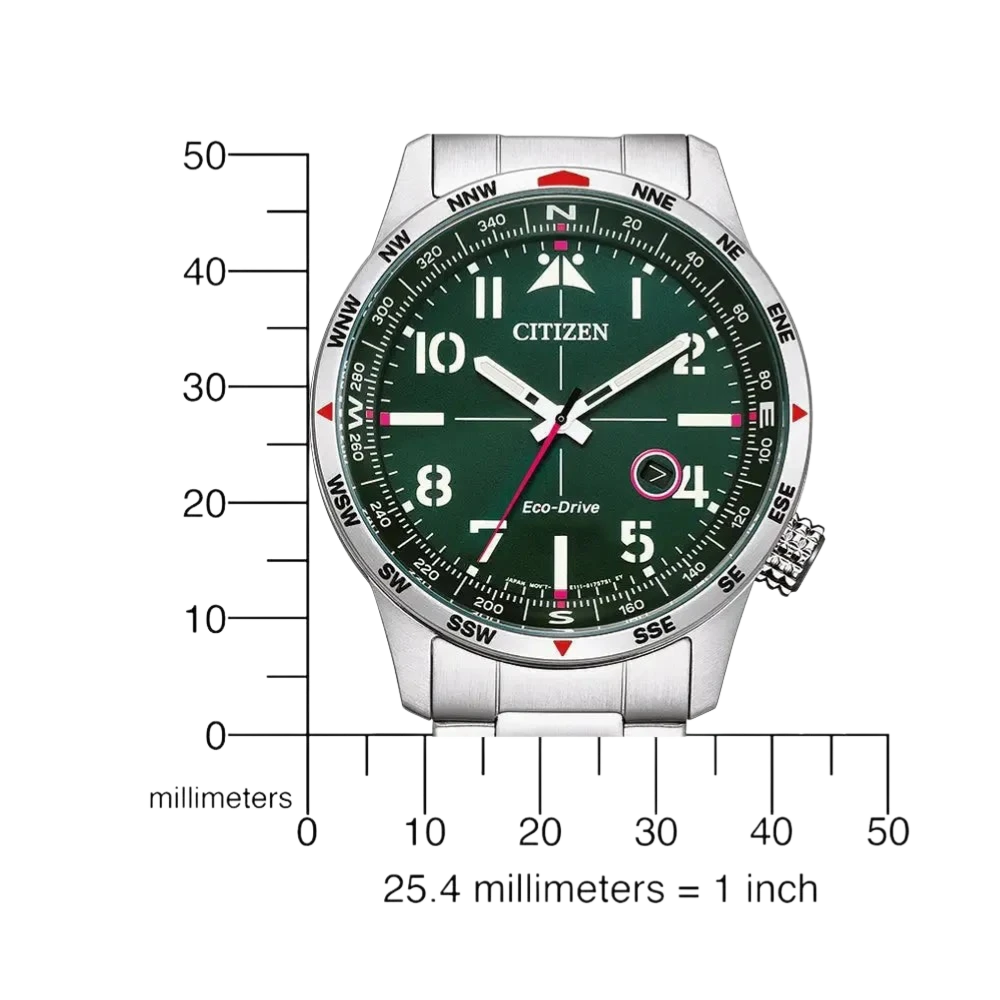 Bendixen-Braun men's solar-powered watch with stainless steel band, green dial, luminous hands and indices, and date window.