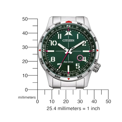 Bendixen-Braun men's solar-powered watch with stainless steel band, green dial, luminous hands and indices, and date window.