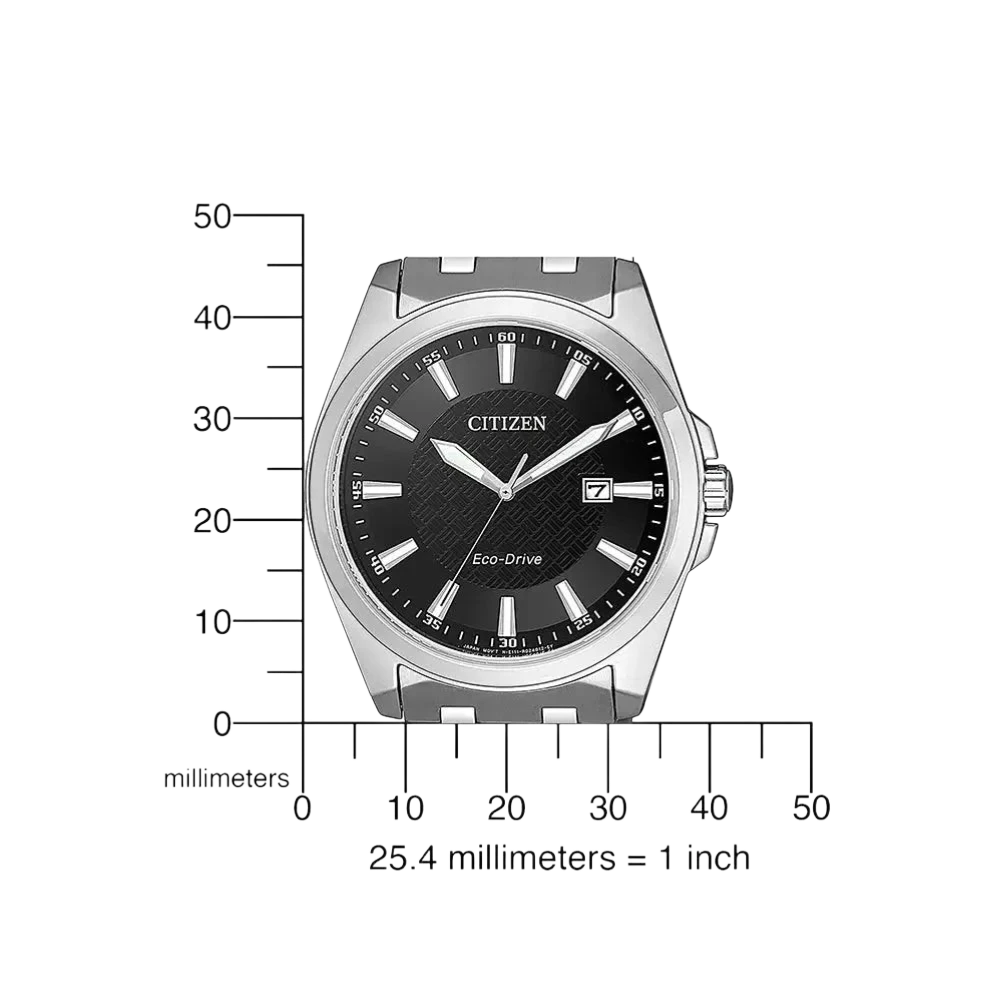 Größenvergleich der Citizen Herrenuhr Edelstahl Solar mit Maßangaben. Perfekte Passform für Herren, die eine stilvolle und funktionale Uhr suchen.