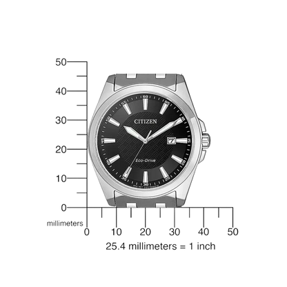 Größenvergleich der Citizen Herrenuhr Edelstahl Solar mit Maßangaben. Perfekte Passform für Herren, die eine stilvolle und funktionale Uhr suchen.