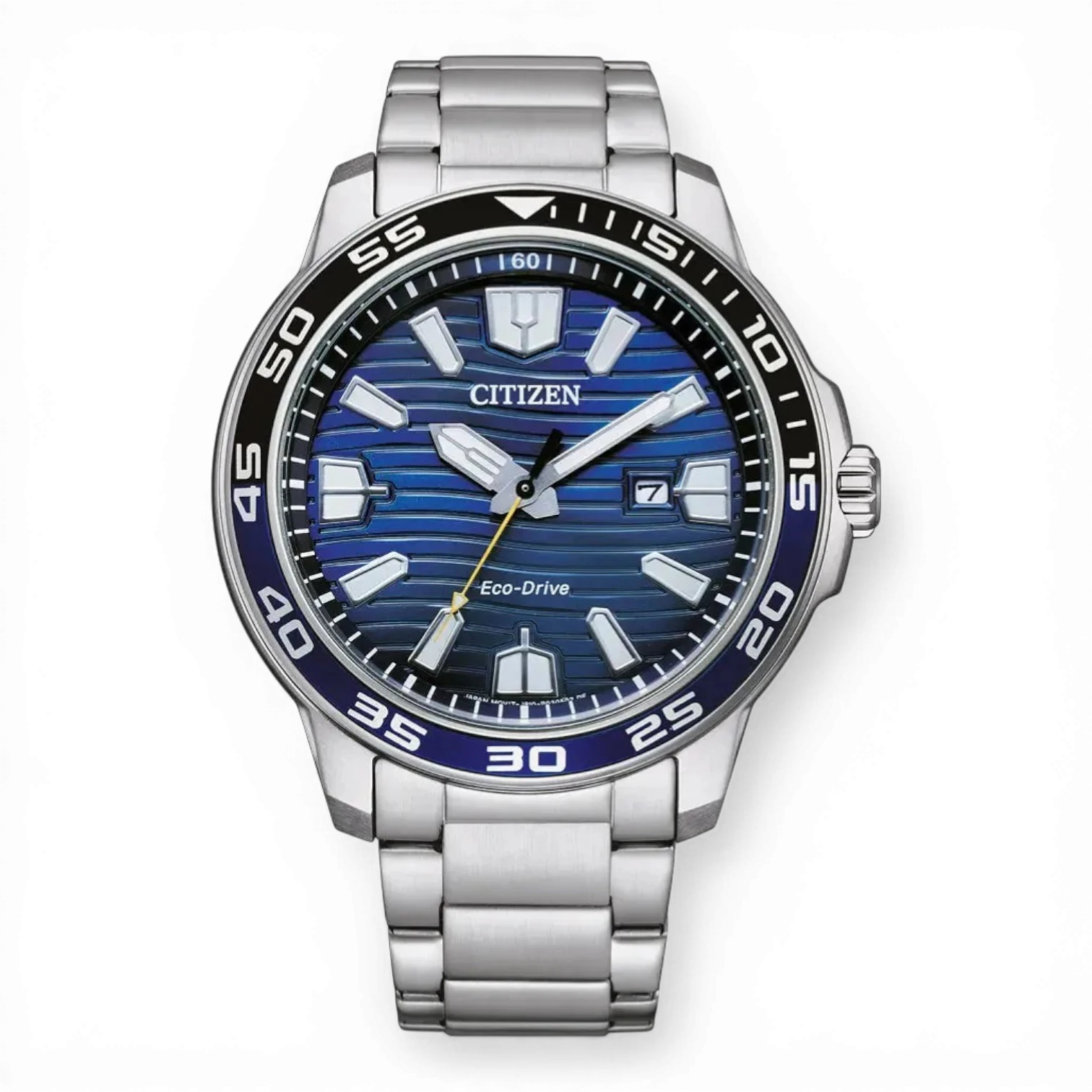 Bendixen-Braun men's solar-powered watch with stainless steel band, blue dial, blue bezel, and date window.