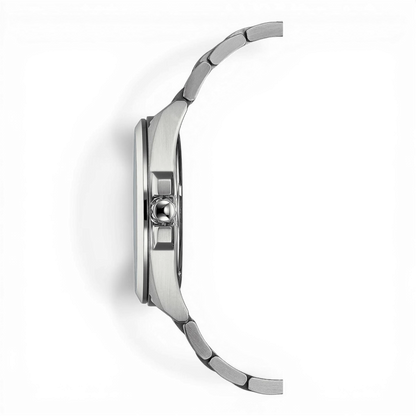 Bendixen-Braun men's stainless steel watch with blue dial, solar-powered Eco-Drive, date display, and crown protection.