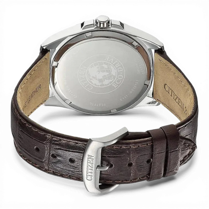 Bendixen-Braun men's solar-powered watch with blue dial, brown embossed leather strap, and stainless steel case.