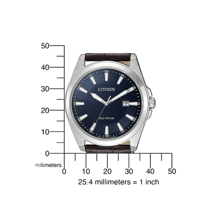 Bendixen-Braun men's solar-powered watch with a dark blue dial, date window, and brown embossed leather strap.