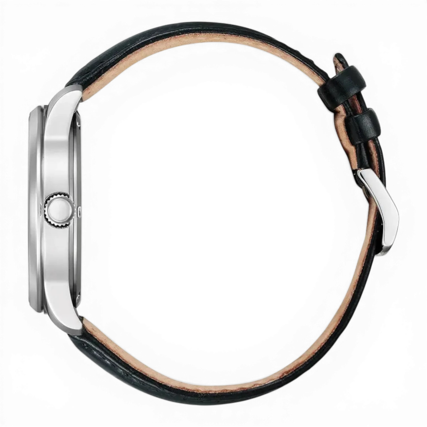 Seitliche Ansicht der Citizen Klassischen Herren-Solaruhr aus Edelstahl mit schwarzem Lederarmband. Elegantes Design für stilbewusste Männer.