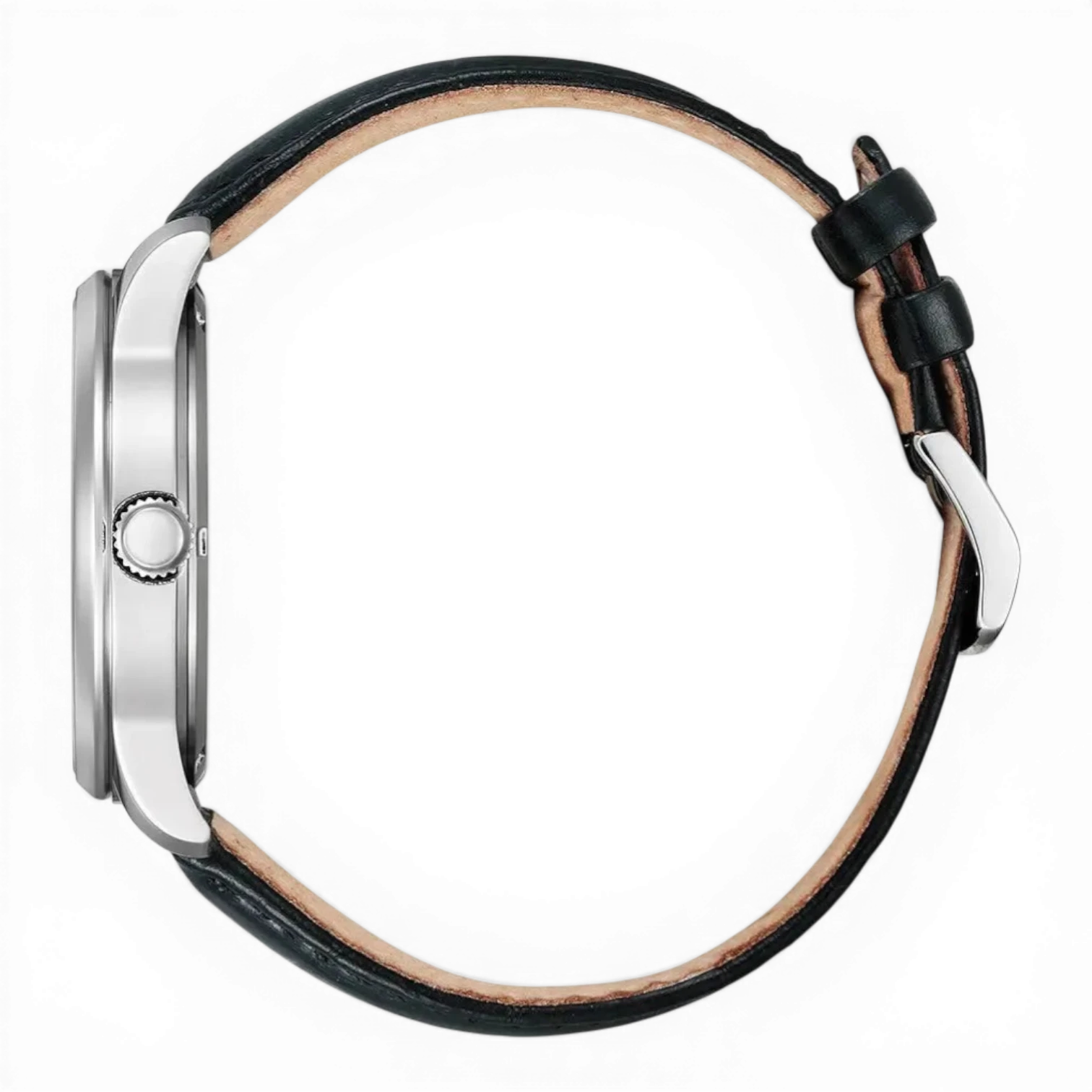 Seitliche Ansicht der Citizen Klassischen Herren-Solaruhr aus Edelstahl mit schwarzem Lederarmband. Elegantes Design für stilbewusste Männer.