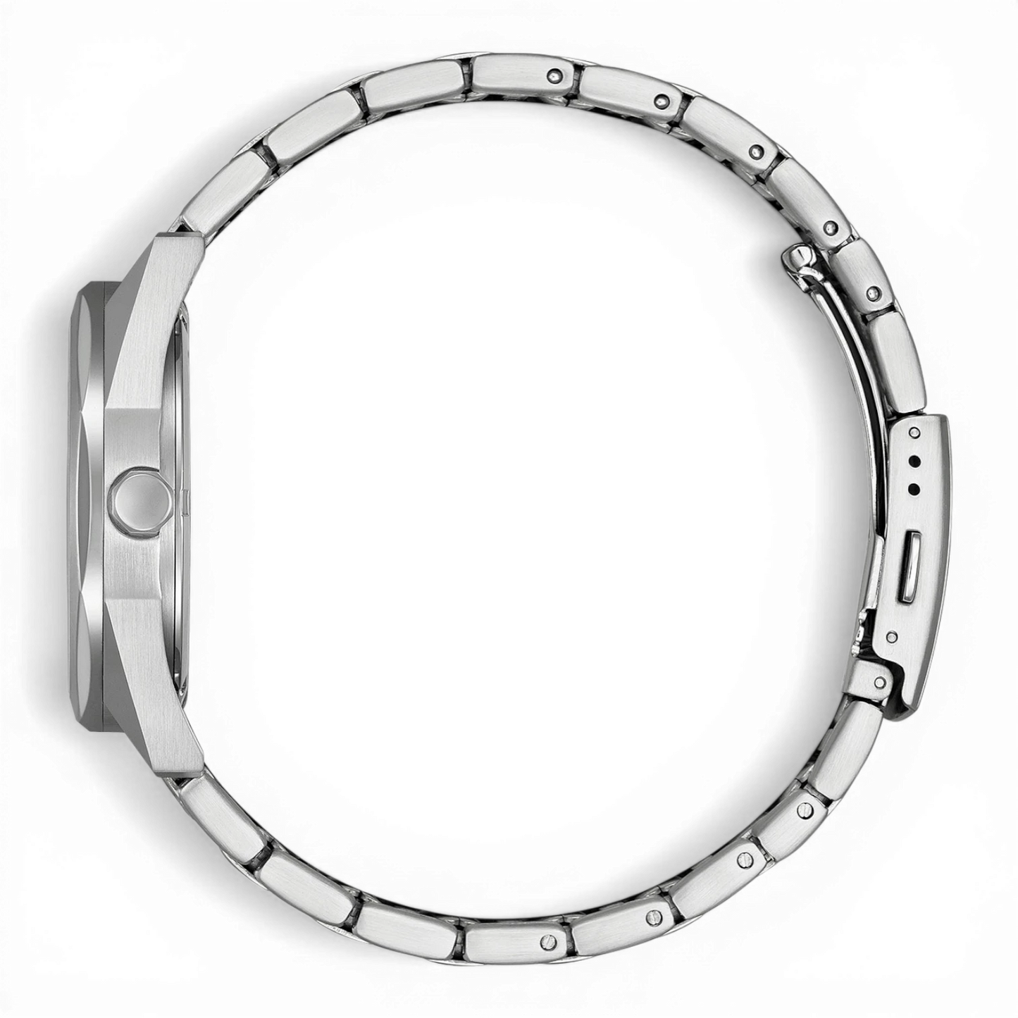 Bendixen-Braun men's watch with octagonal-round stainless steel case, white dial, and metal bracelet. Features solar-powered Eco-Drive technology.