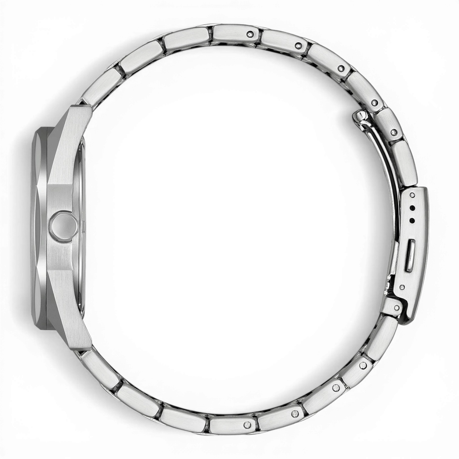 Bendixen-Braun men's watch with octagonal-round stainless steel case, white dial, and metal bracelet. Features solar-powered Eco-Drive technology.