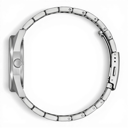 Bendixen-Braun men's watch with octagonal-round stainless steel case, white dial, and metal bracelet. Features solar-powered Eco-Drive technology.