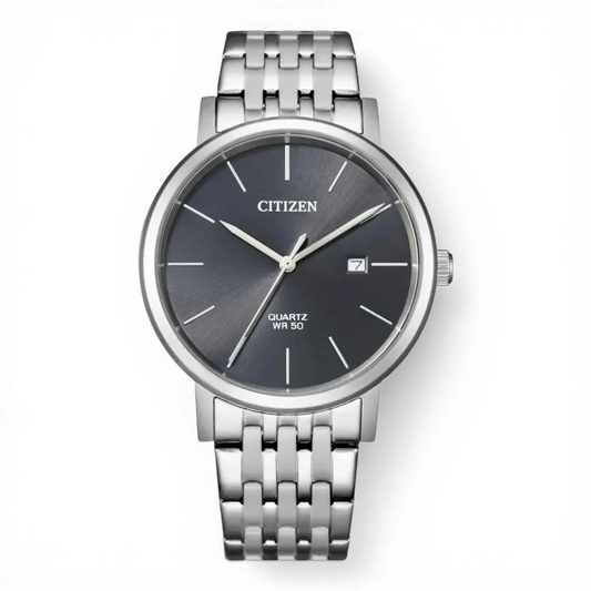 Bendixen-Braun men's stainless steel quartz watch with grey dial, date window, and mineral glass.