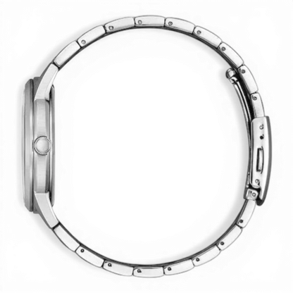 Bendixen-Braun men's stainless steel solar watch with black dial, silver indices, date and day display, and safety clasp.