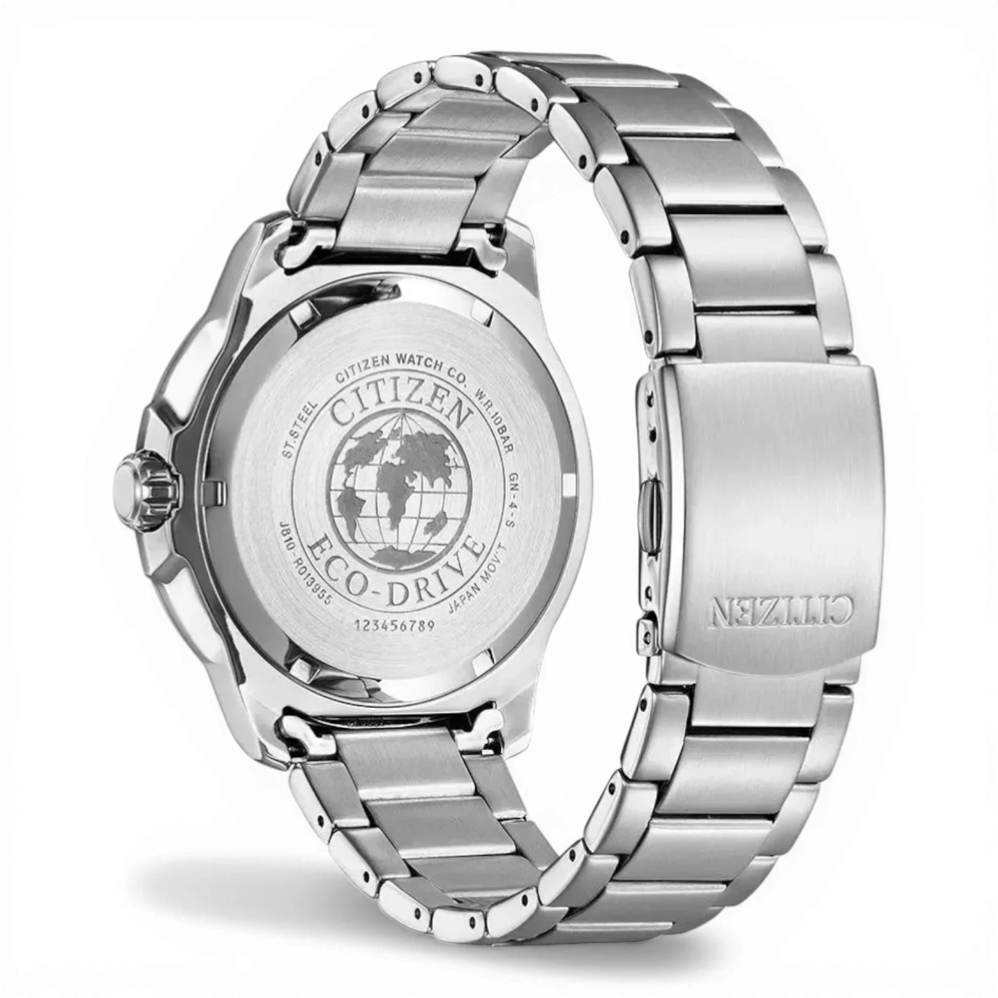 Bendixen-Braun men's solar-powered watch with stainless steel band, blue bezel, and blue dial. Features Eco-Drive technology.