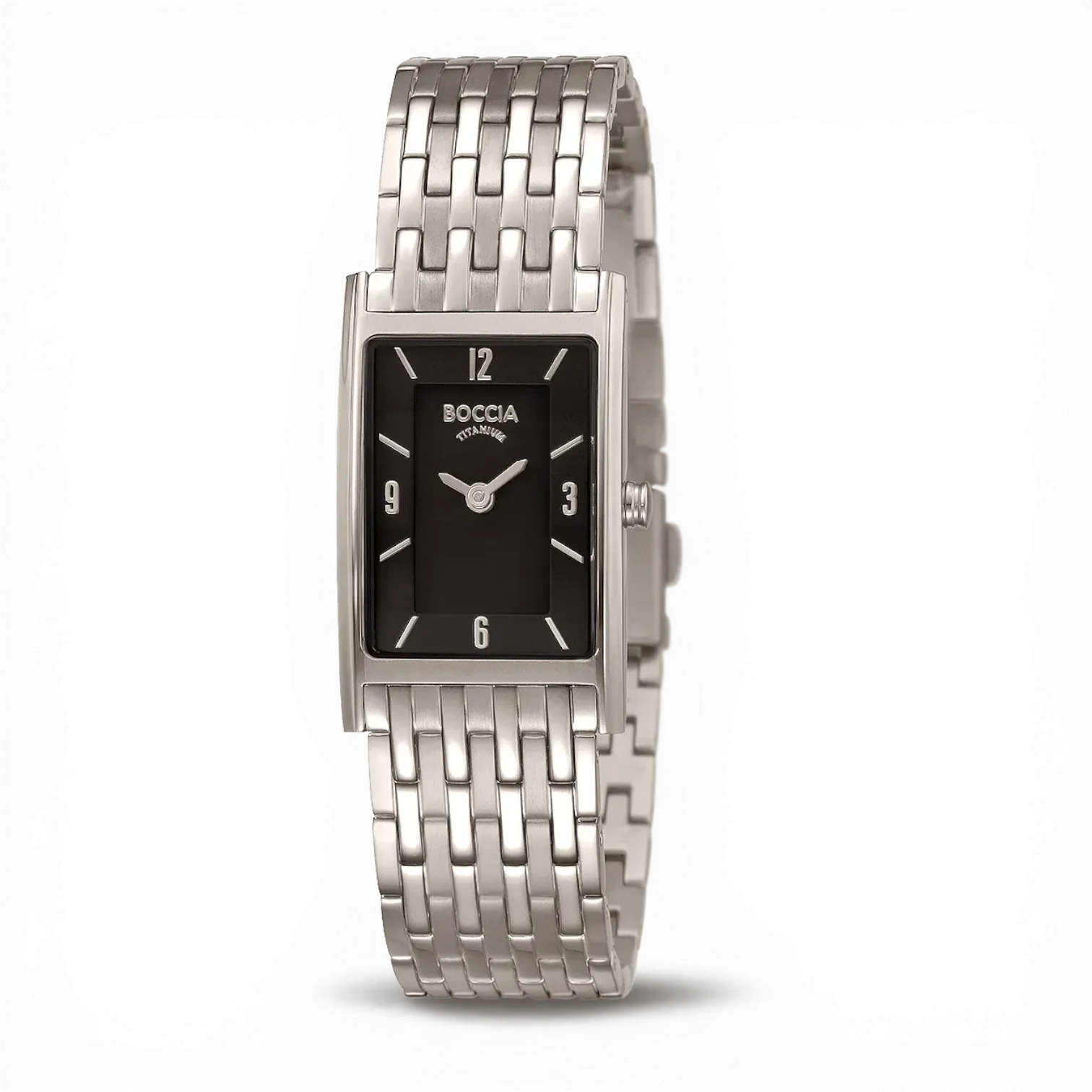 Boccia Titan Quarz Damenuhr rechteckig mit schwarzem Zifferblatt und silbernem Titanarmband. Elegante Uhr bei Bendixen-Braun erhältlich.