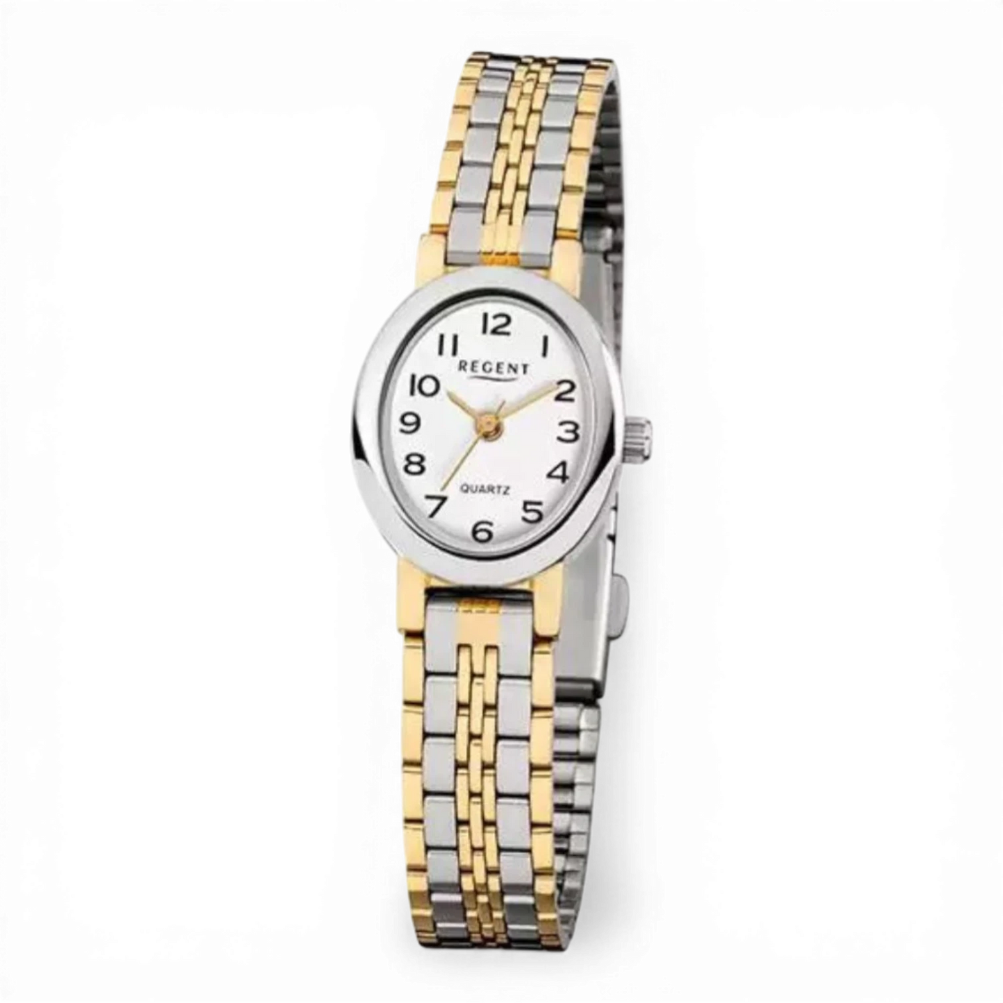 Bendixen-Braun Regent bi-color oval quartz watch with white dial, gold hands, and stainless steel band.