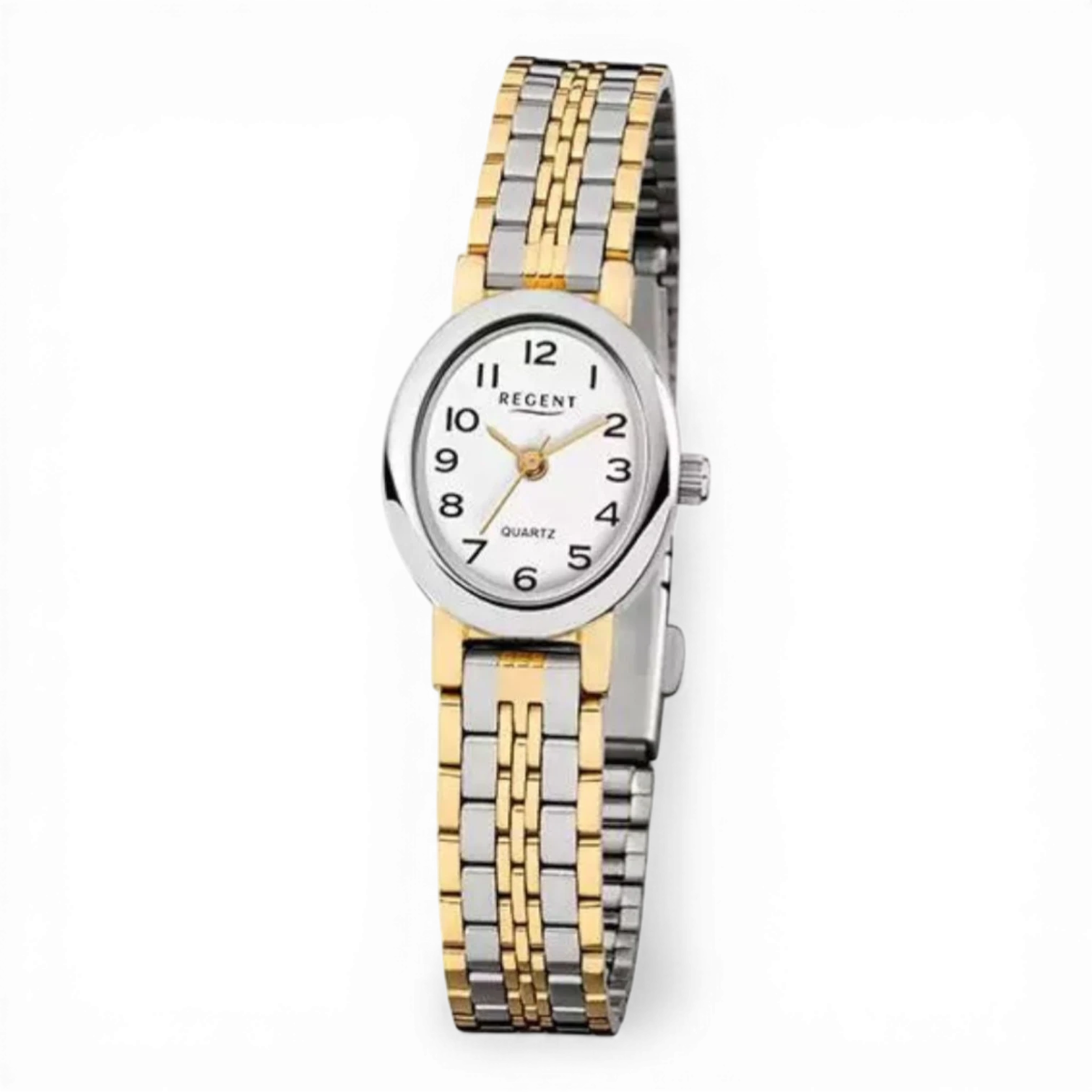 Bendixen-Braun Regent bi-color oval quartz watch with white dial, gold hands, and stainless steel band.