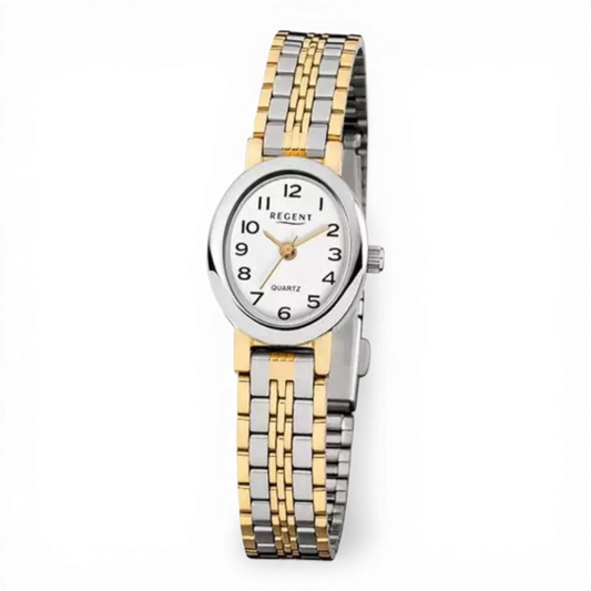 Bendixen-Braun Regent bi-color oval quartz watch with white dial, gold hands, and stainless steel band.