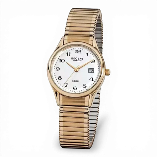 Bendixen-Braun gold-tone stainless steel women's watch with white dial, Arabic numerals, date display, and flexible band.