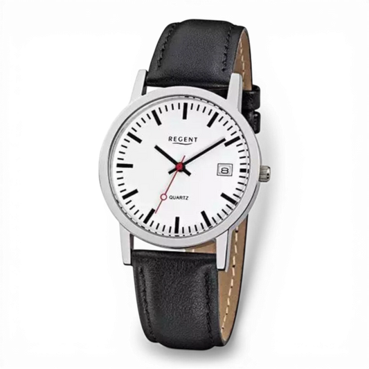 Bendixen-Braun Regent quartz watch with white dial, black indices, date display, and black leather strap.