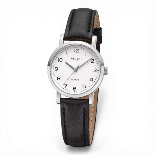 Bendixen-Braun Regent women's quartz watch with stainless steel case, white dial, Arabic numerals and black leather band.