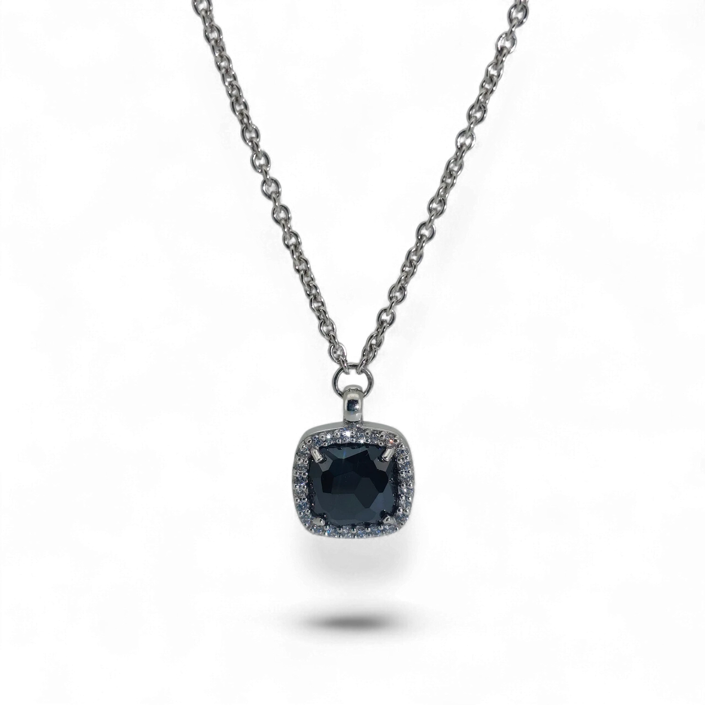 Bendixen-Braun rhodium-plated 925 sterling silver necklace with square black faceted pendant surrounded by cubic zirconia.